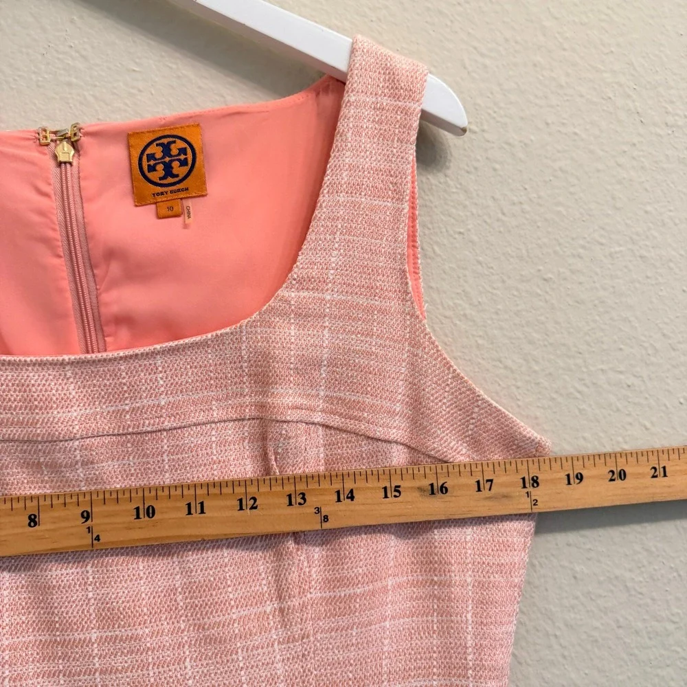 Tory Burch Tweed Sheath Dress Sleeveless Square Neck Size 10 Coral Pink